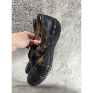 Clark Shoes Women 8.5 Black Leather Maryjane Buckle Braided Comfort Minimalist